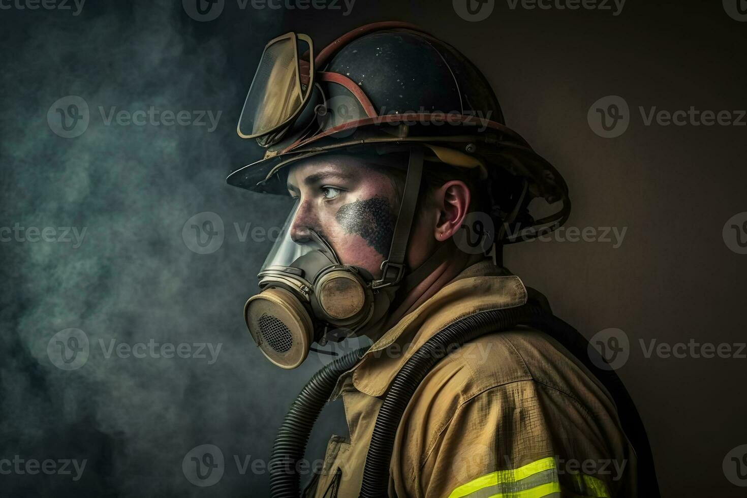 Close up portrait of face firefighter wearing protective uniform and an protective mask. Neural network AI generated photo