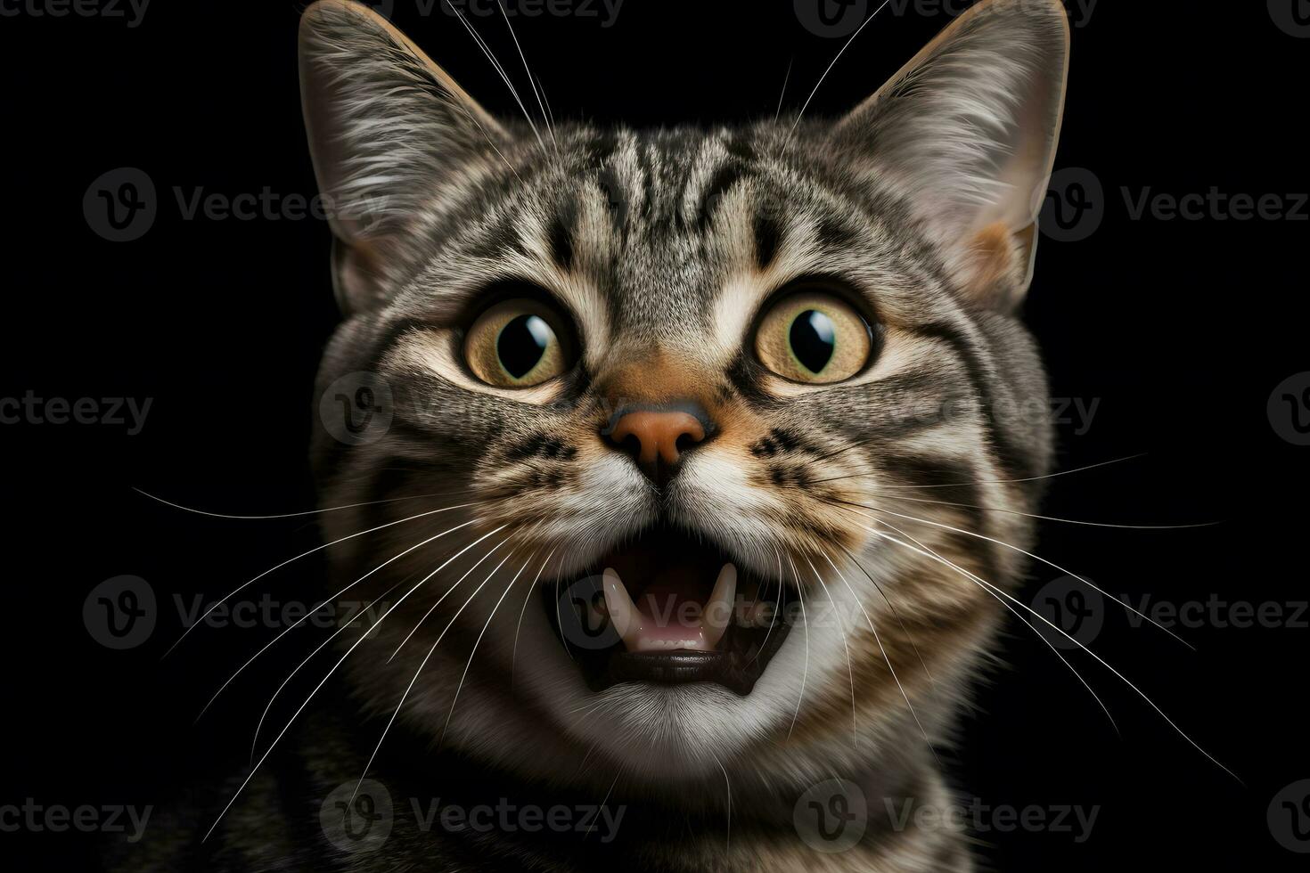 Portrait of a meowing tabby cat. Neural network AI generated photo