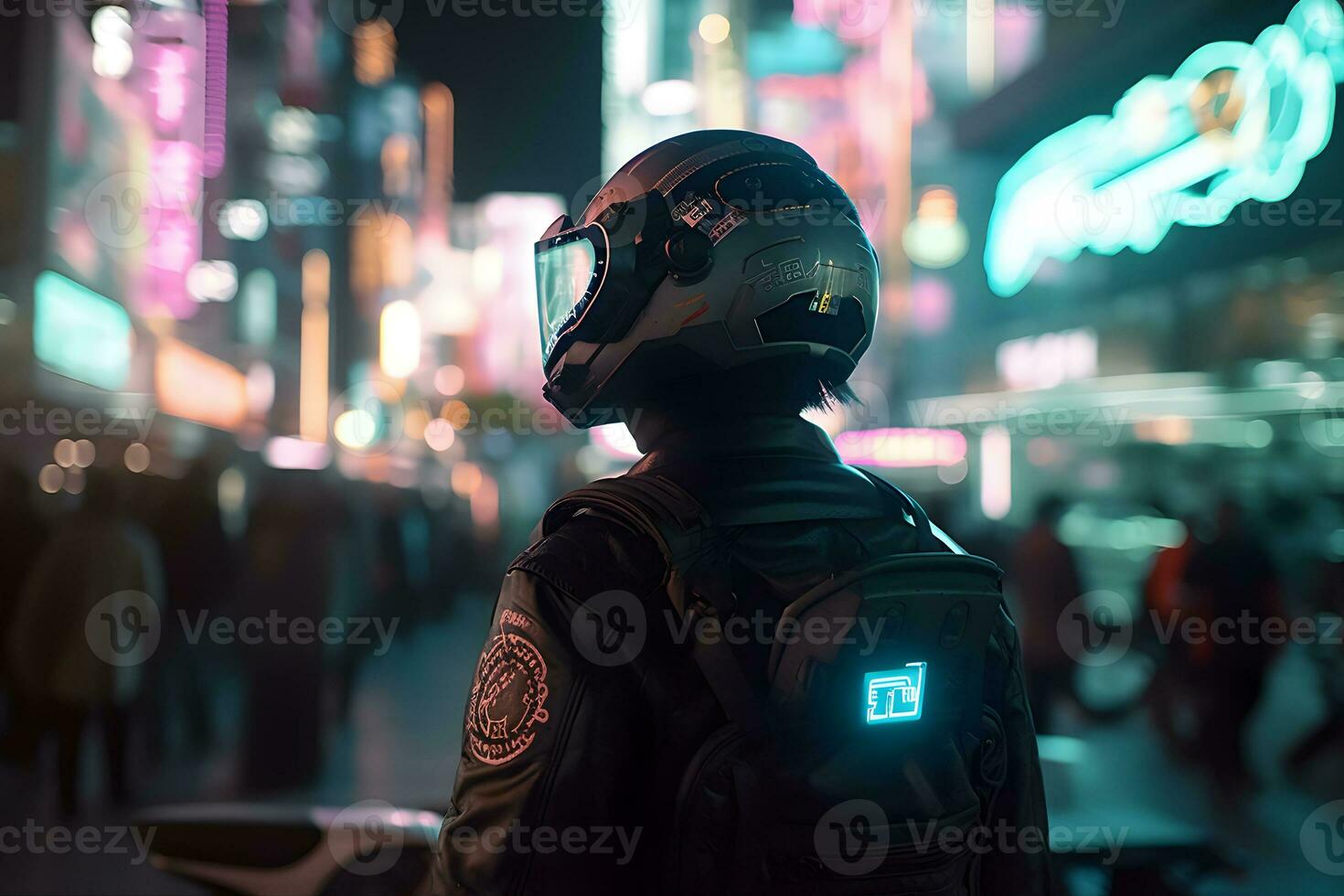Cyber man in the neon city of the future. Neural network AI generated photo