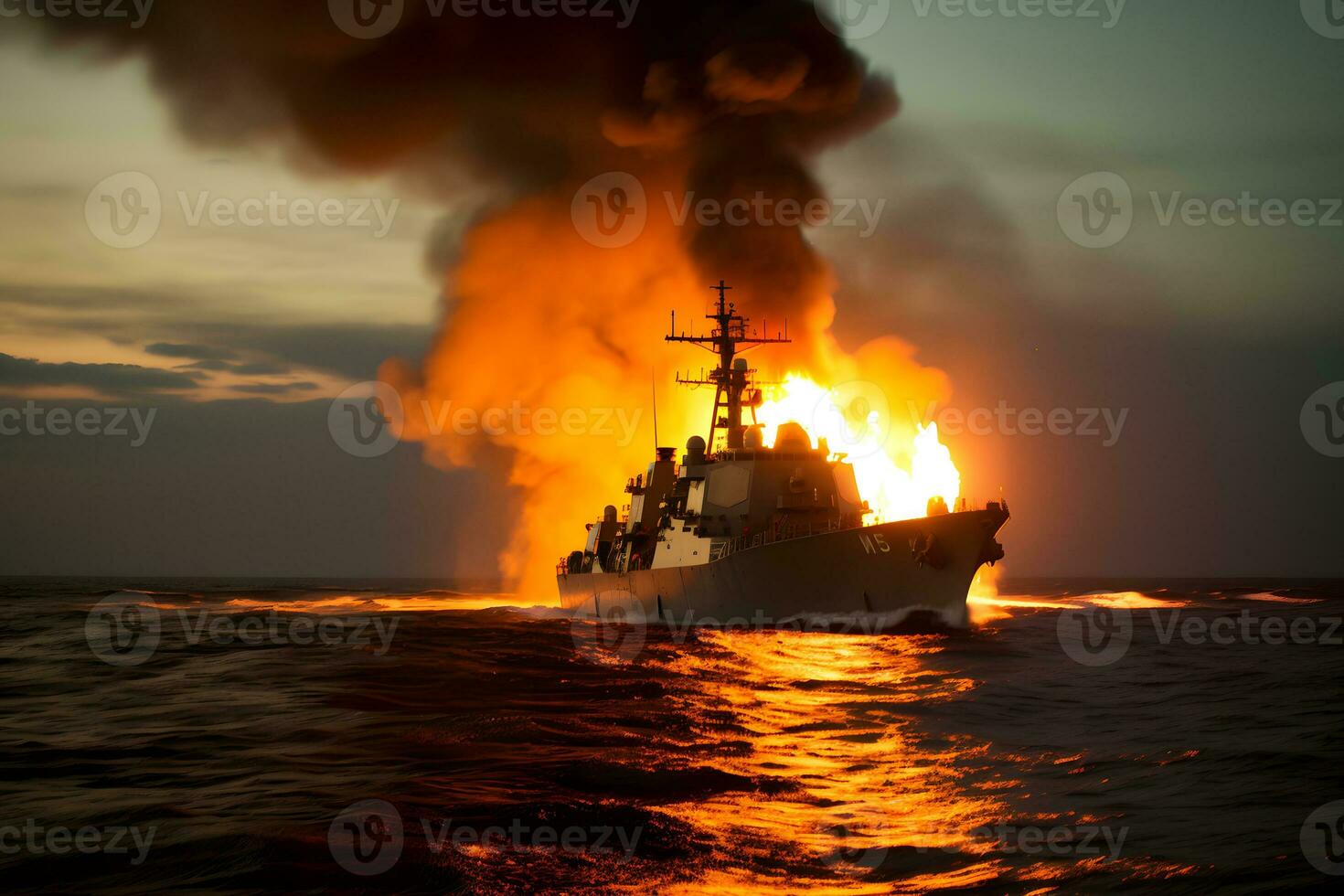 War concept. Night battle scene at sea. warship on fire. Neural network AI generated photo