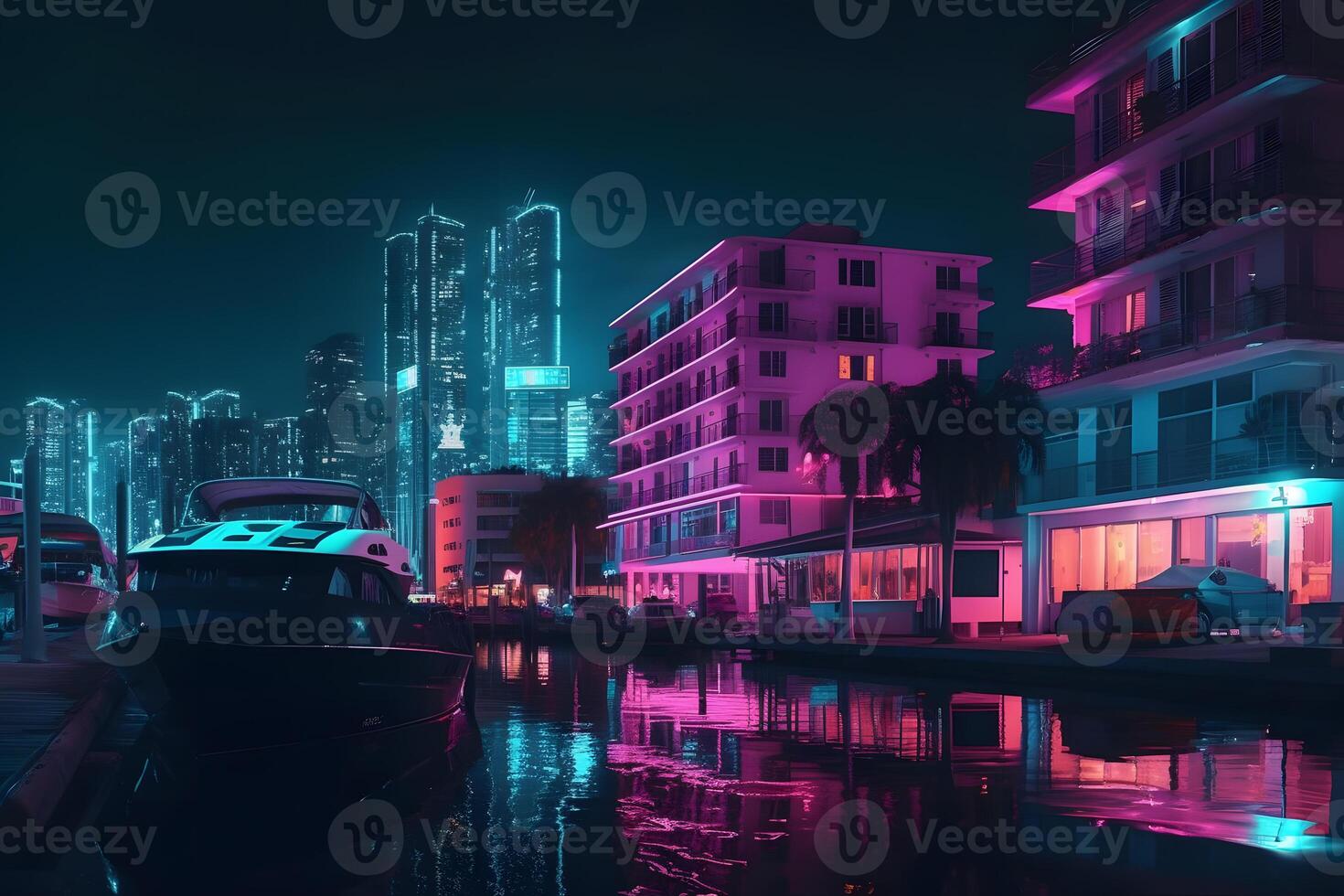 neon city synthwave retrowave style. Neural network AI generated photo