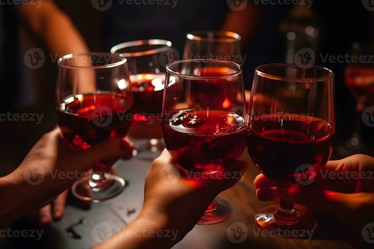 Group of friends enjoying alcohol drinks. Young people hands cheering at bar restaurant. Neural network AI generated photo