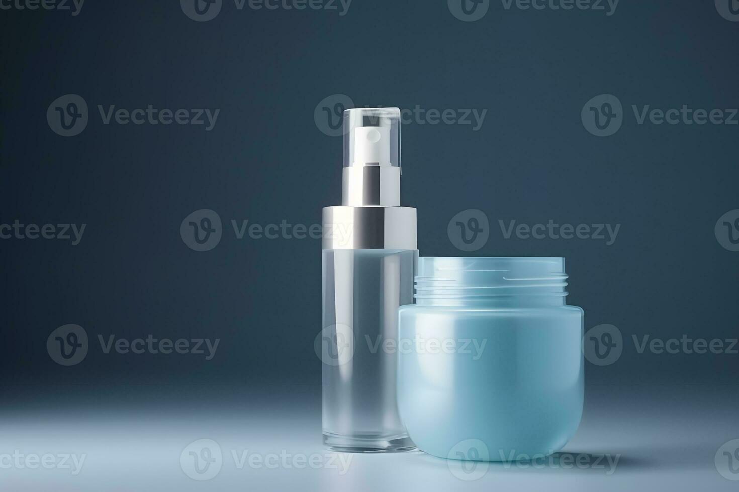 Mockup of cosmetics bottles in blue tone. Neural network AI generated photo