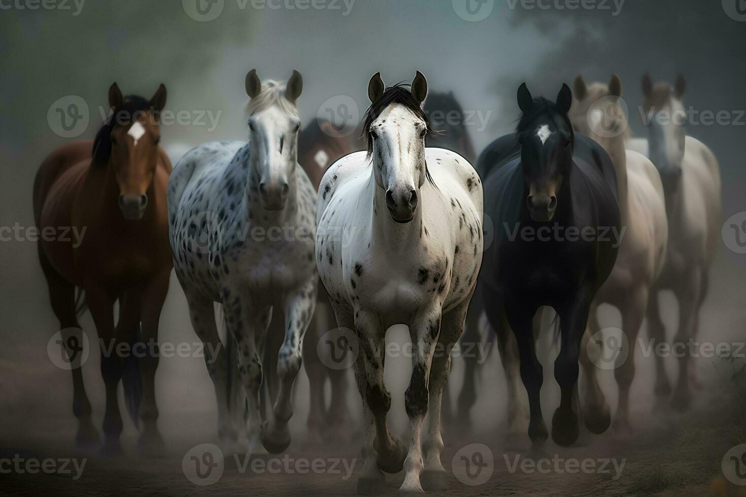 A herd of horses gallops and runs. Neural network AI generated photo
