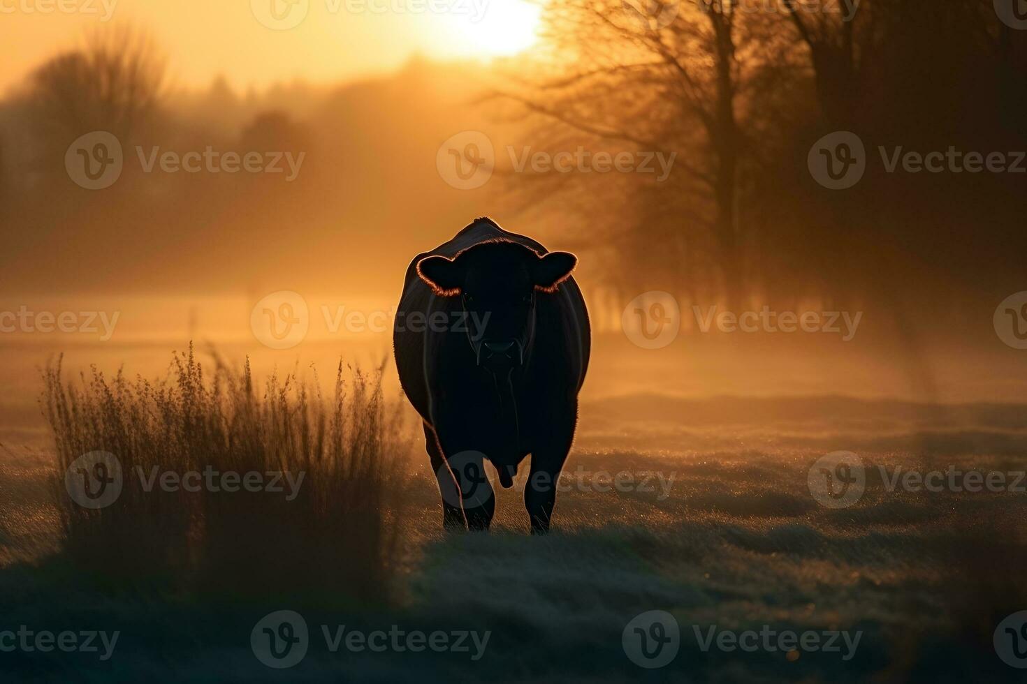 Bull in the wild, Landscape with sunset or sunrise. Neural network AI generated photo