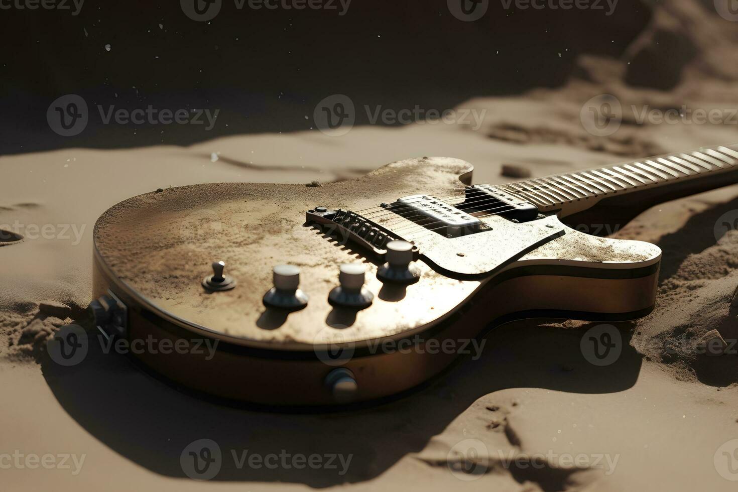 Electric guitar on the sand. Neural network AI generated photo