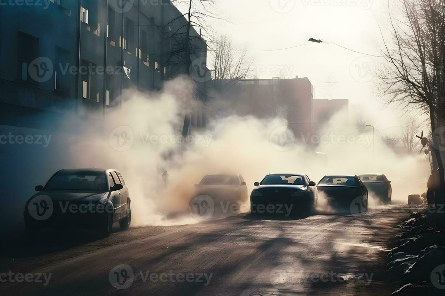 aire contaminación desde el cansada de carros en el ciudad durante el frío día, ambiental contaminación en el ciudad. neural red ai generado foto