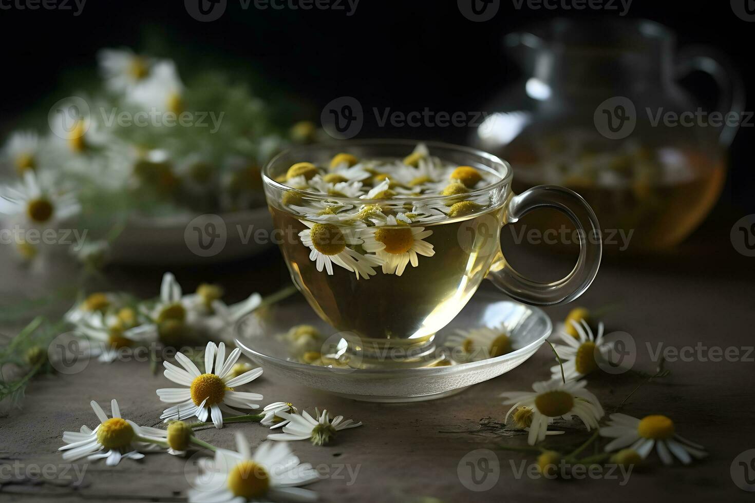 taza de té con manzanilla flores en rústico de madera antecedentes. neural red ai generado foto