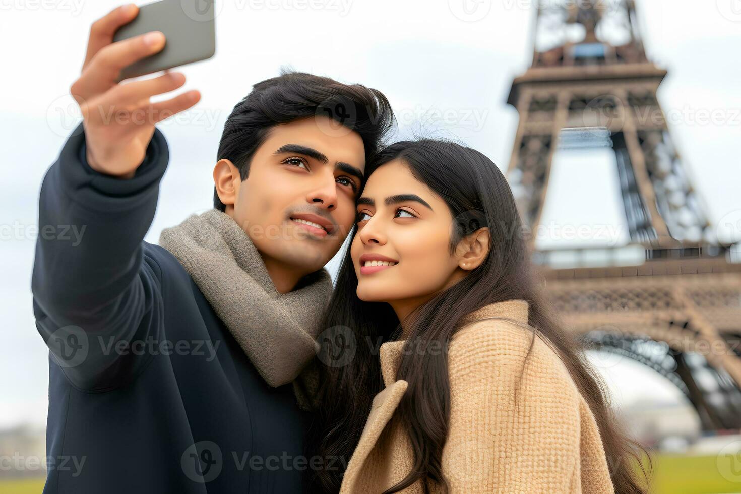 Happy smiling couple traveling in France taking selfie in Paris. Neural network AI generated photo