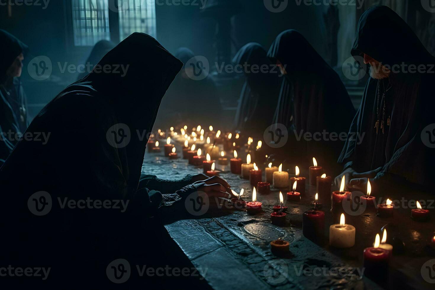 ritual de medieval sacerdotes con velas en el templo. neural red ai generado foto