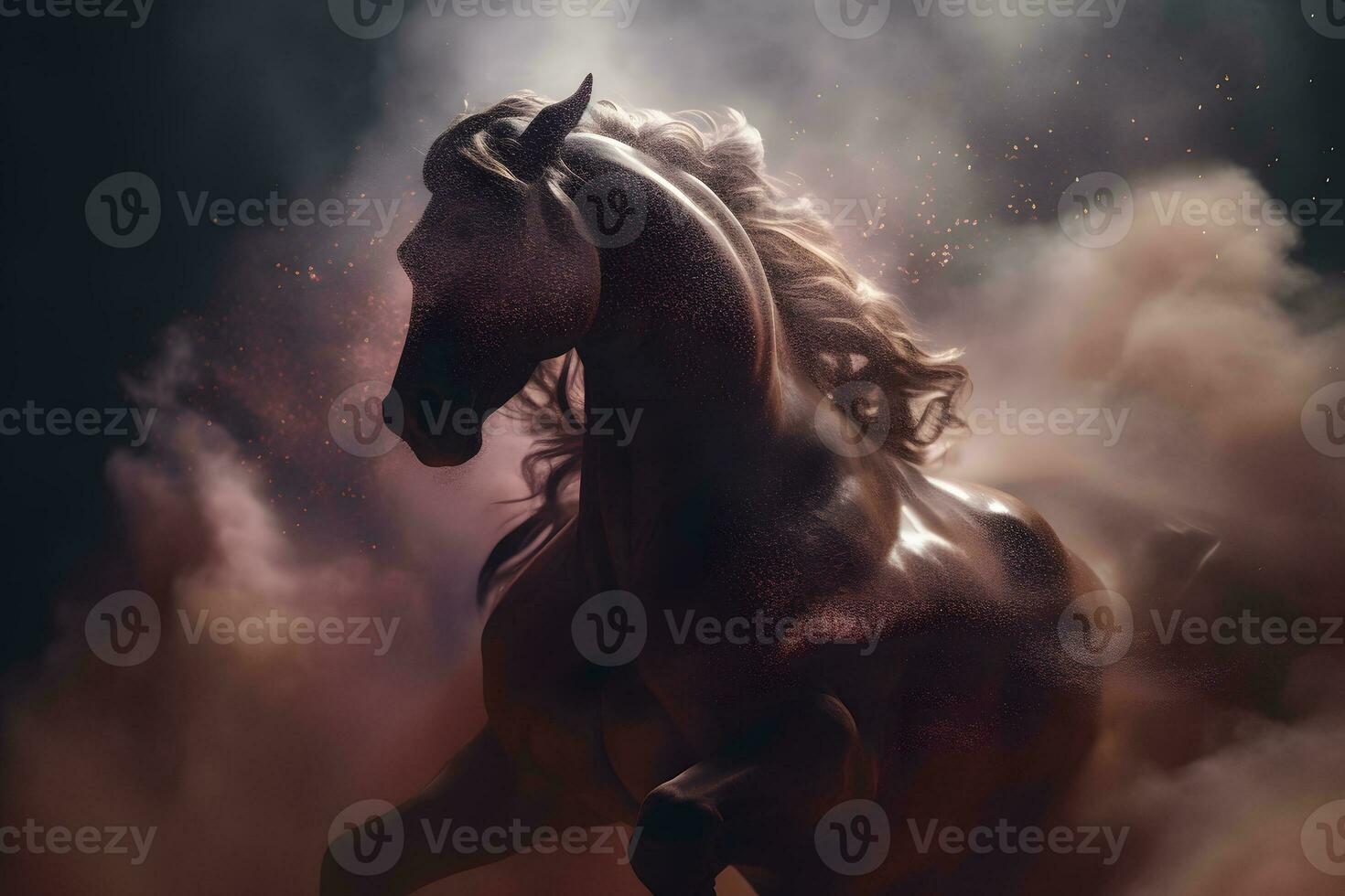 Fantasy horse portrait with fire and smoke. Neural network AI generated photo