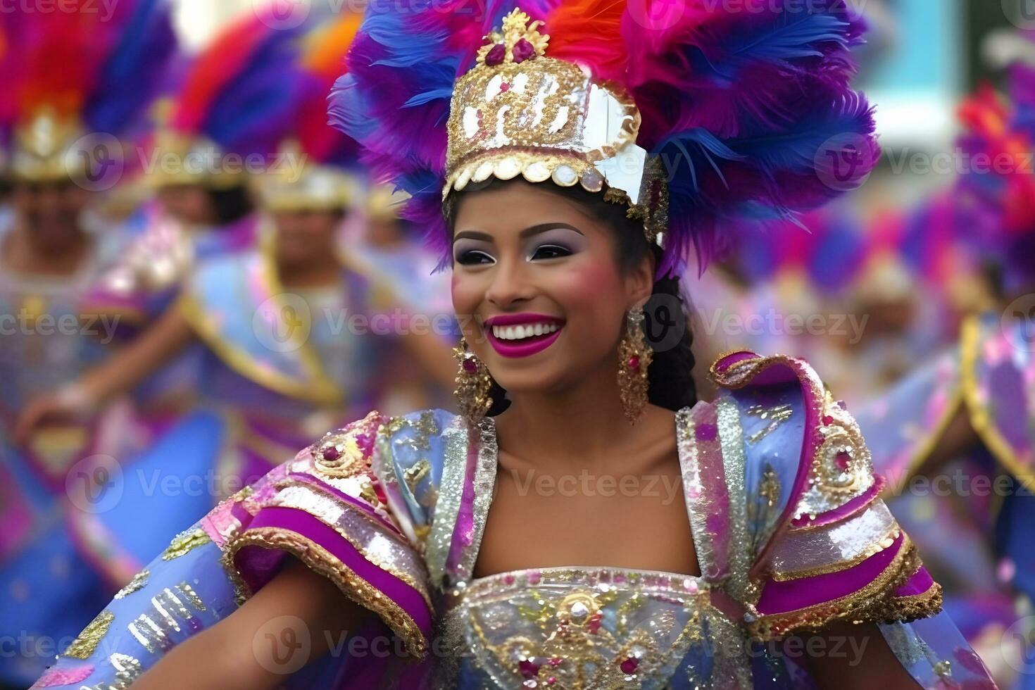 Brazilian Carnival. Young woman enjoying the carnival party. Neural network AI generated photo