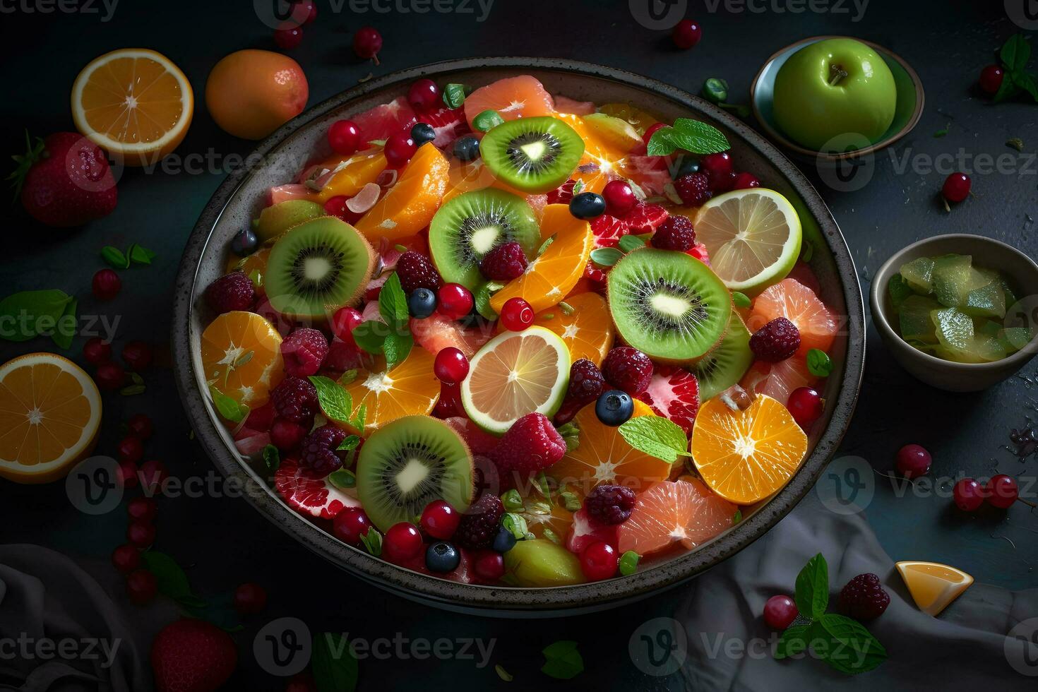 Bowl of healthy fresh fruit salad on wooden background. Top view. Neural network AI generated photo