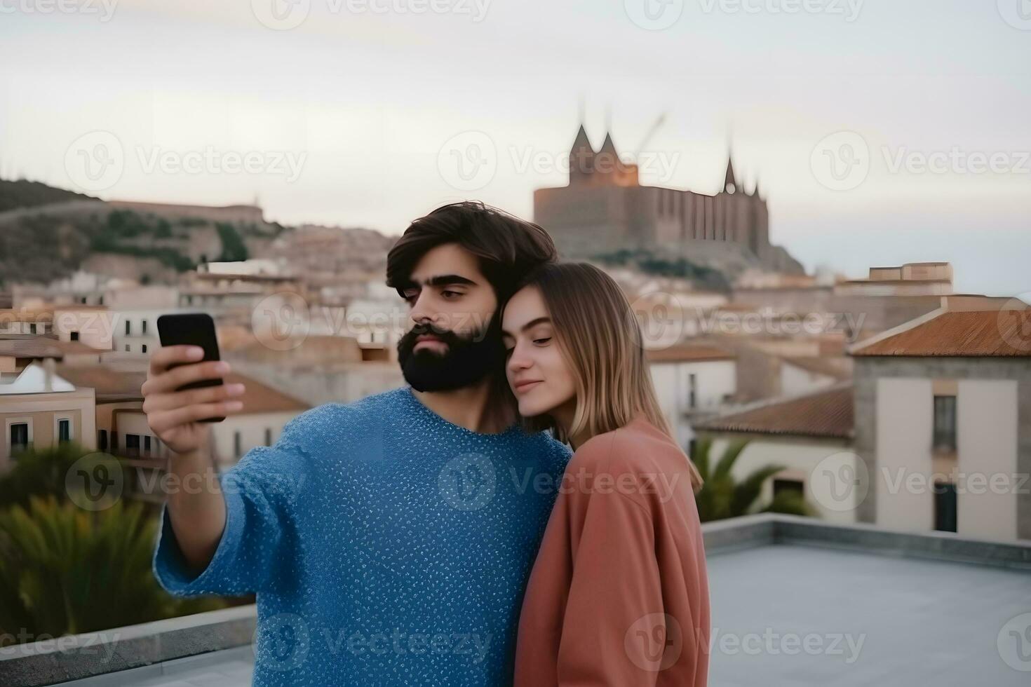 un contento Pareja toma un selfie mientras de viaje. neural red ai generado foto