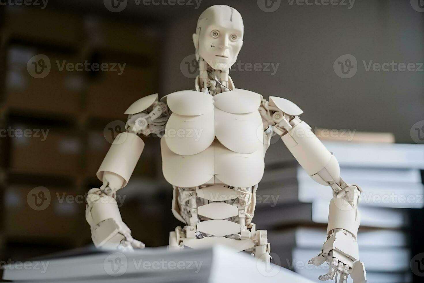 Android robot for working with archive documents. Neural network AI generated photo
