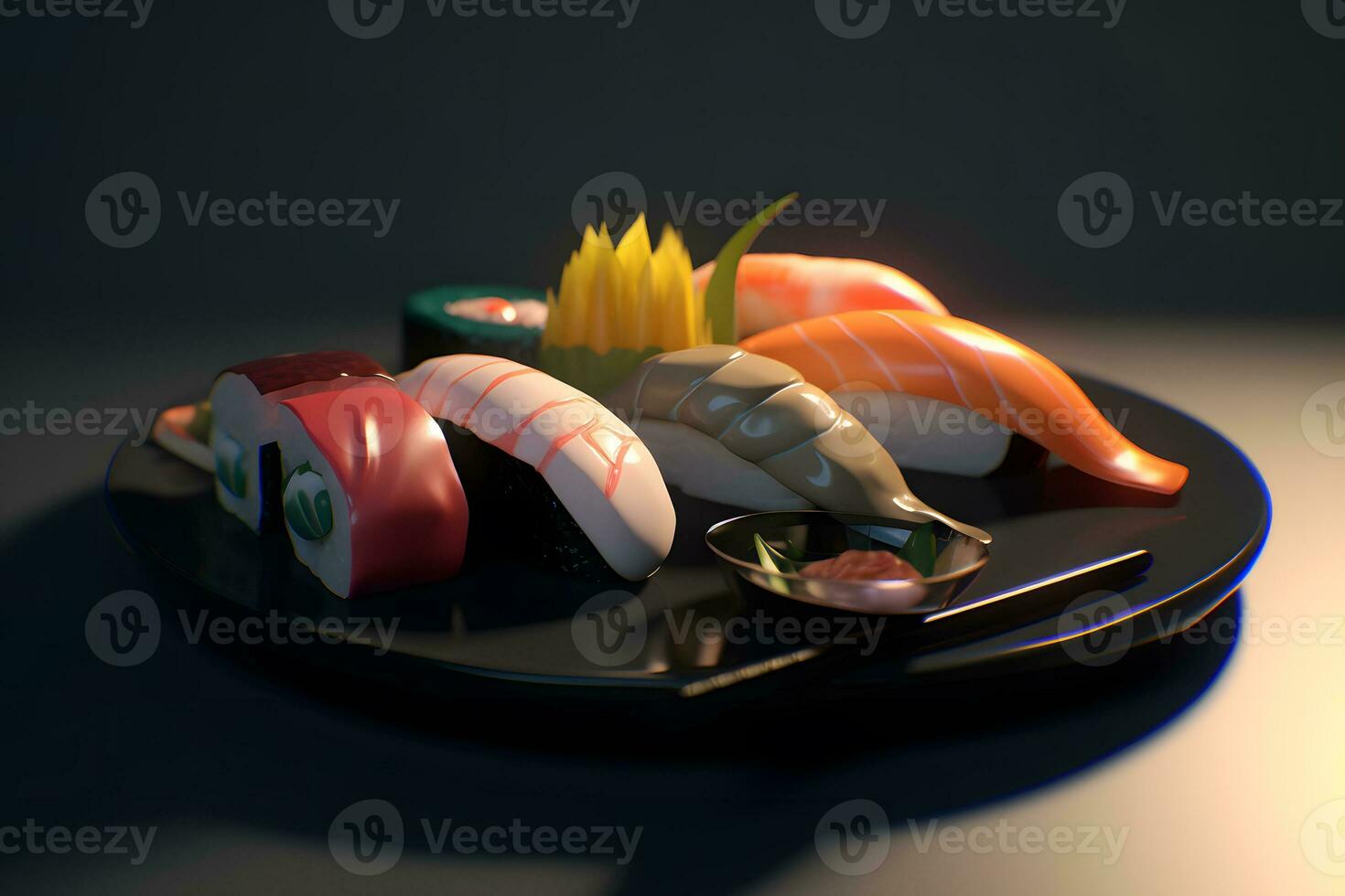 de cerca ver de delicioso Sushi conjunto en pizarra tableros neural red ai generado foto