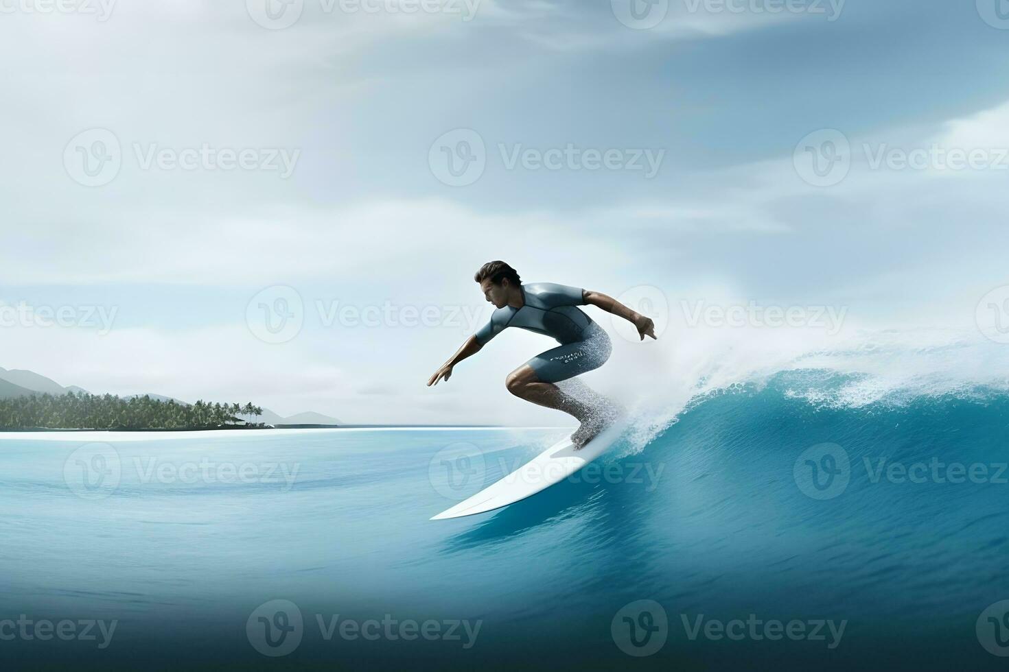 Surfer on Blue Ocean Wave Getting Barreled at Sunrise. Neural network AI generated photo
