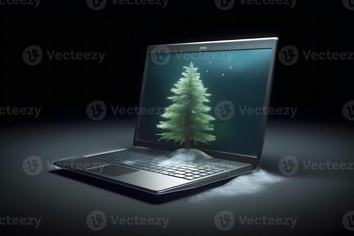 A tree grows from a laptop. Green information technology. Neural network AI generated photo
