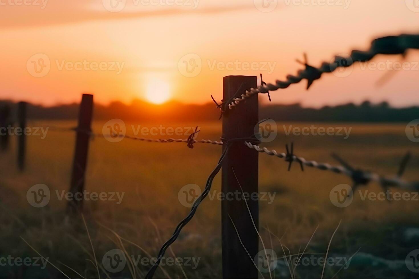 Barbed wire fence with Twilight sky to feel Silent and lonely and want freedom. Neural network AI generated photo