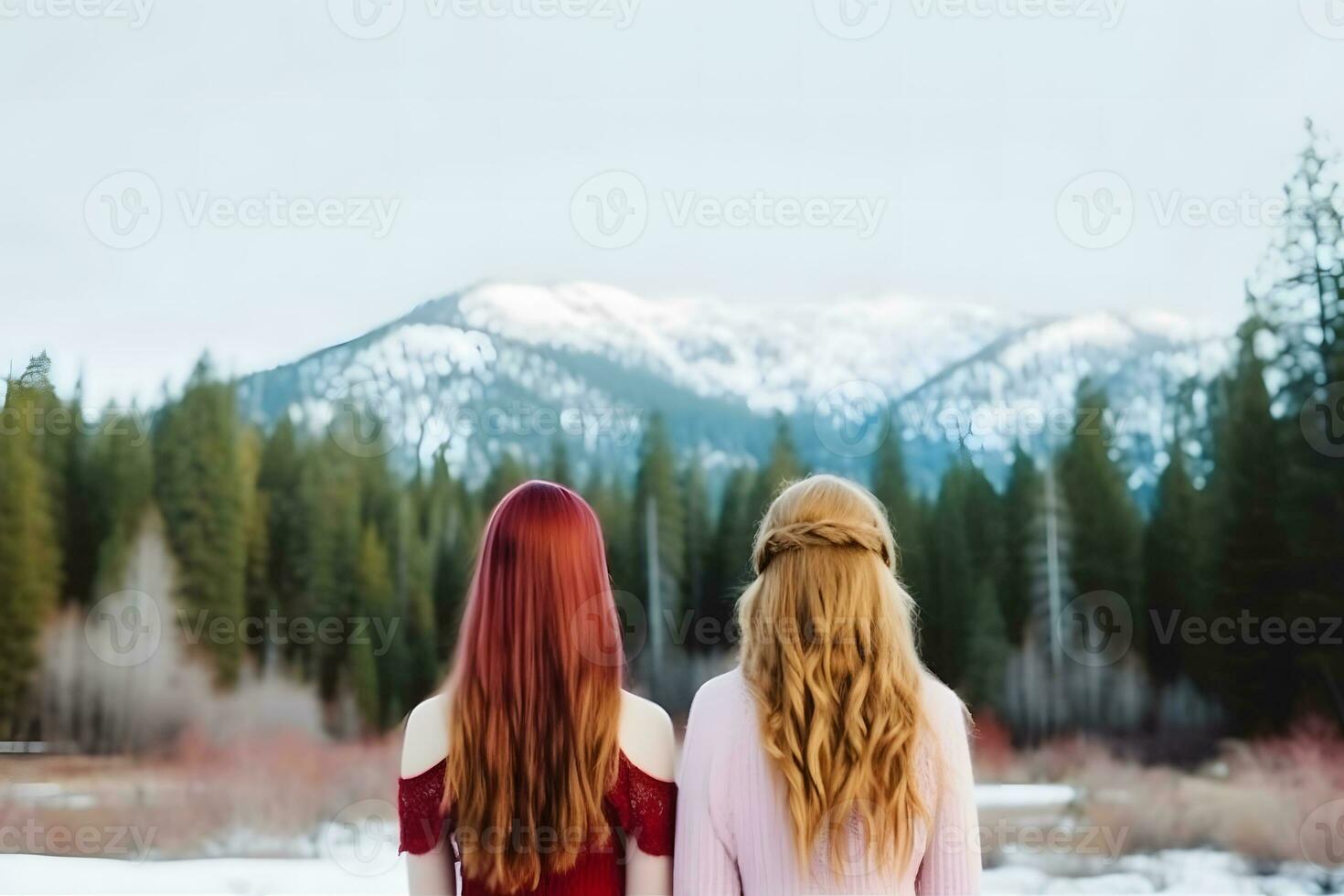 Girls happy on mountain. Neural network AI generated photo