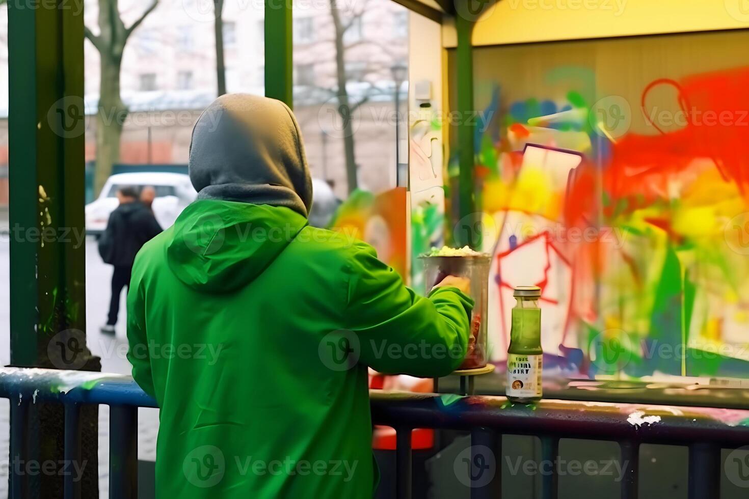 Back view of graffiti painter looking to the wall with his paintings