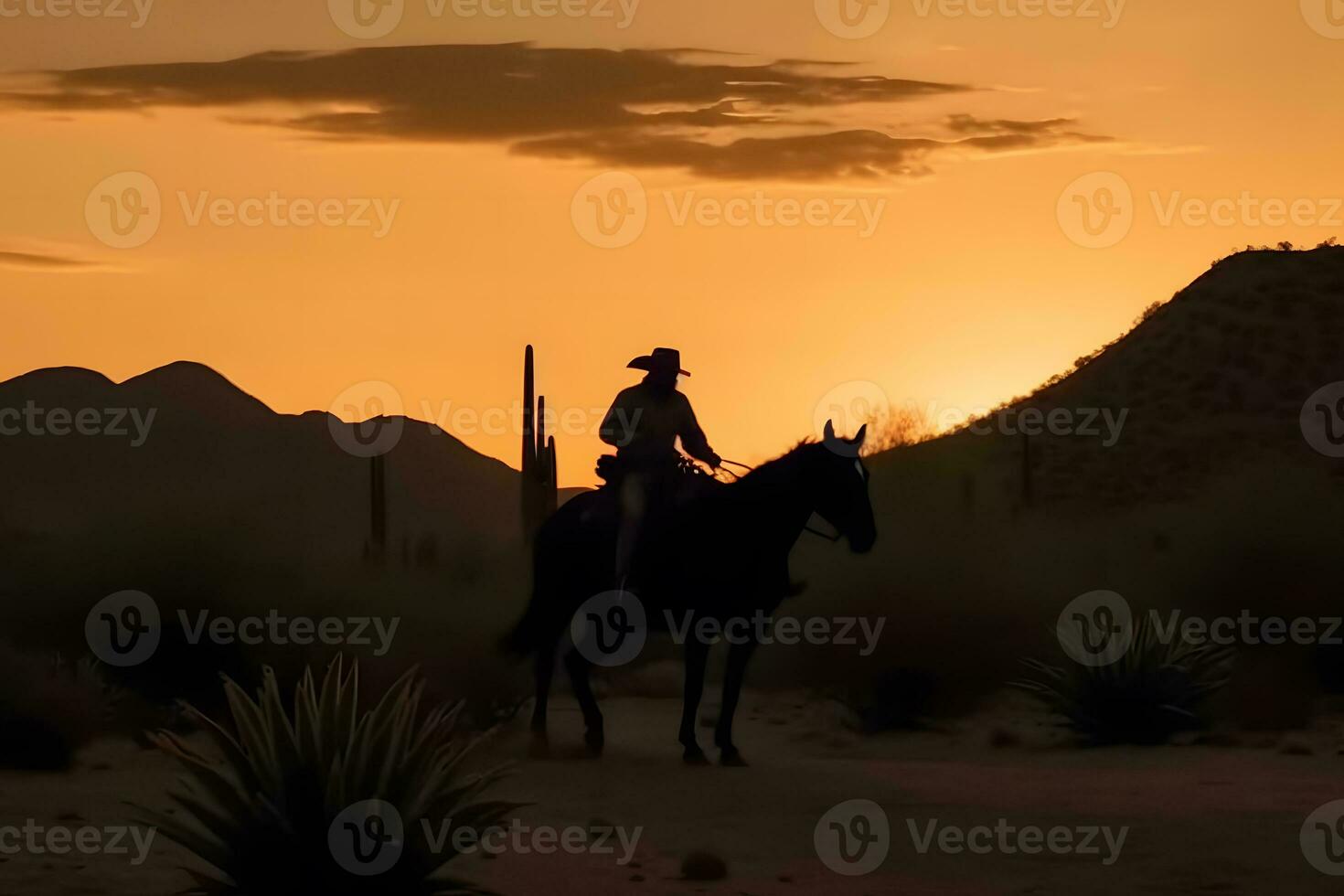 Silhouette Cowboy on horseback. Neural network AI generated photo