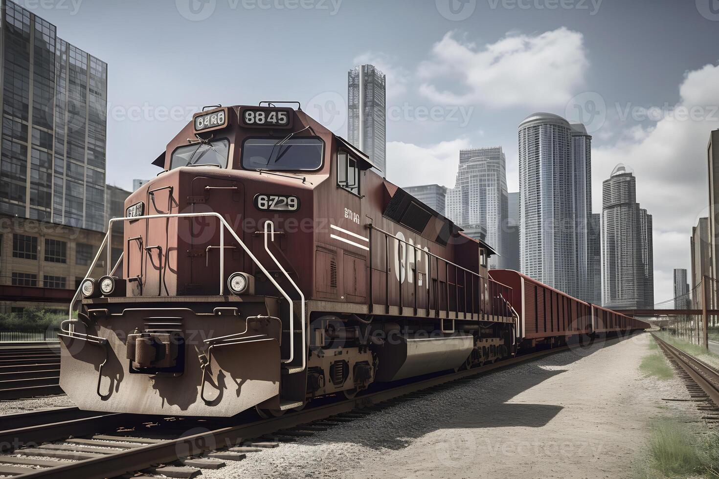 Cargo train platform with freight train container at depot. Neural