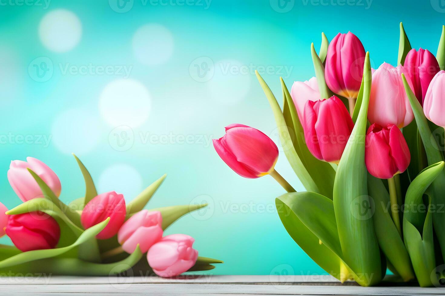 Frame of tulips on turquoise rustic wooden background. Spring flowers. Neural network AI generated photo