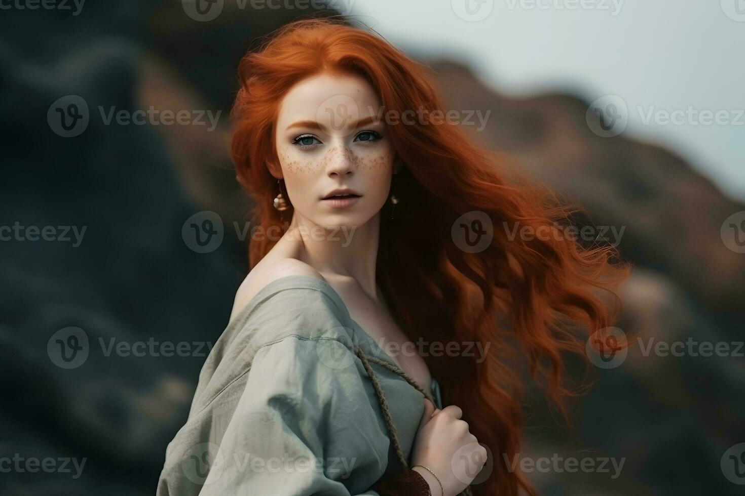 The red-haired girl travels in the mountains. Neural network AI generated photo