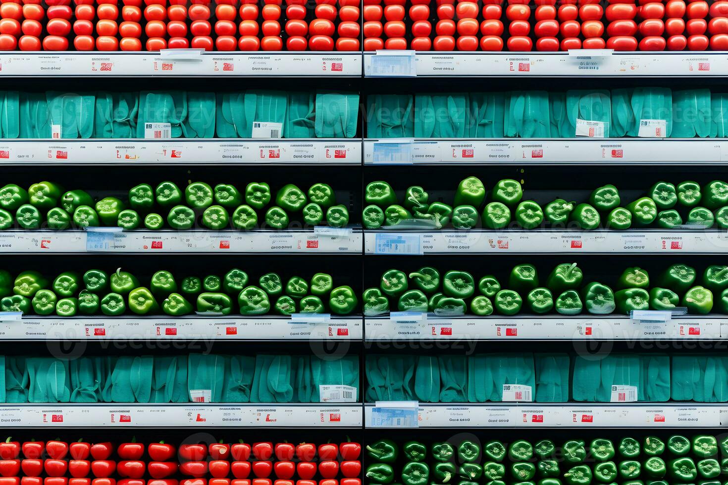 Supermarket showcase with wooden boxes of vegetables. Neural network AI generated photo