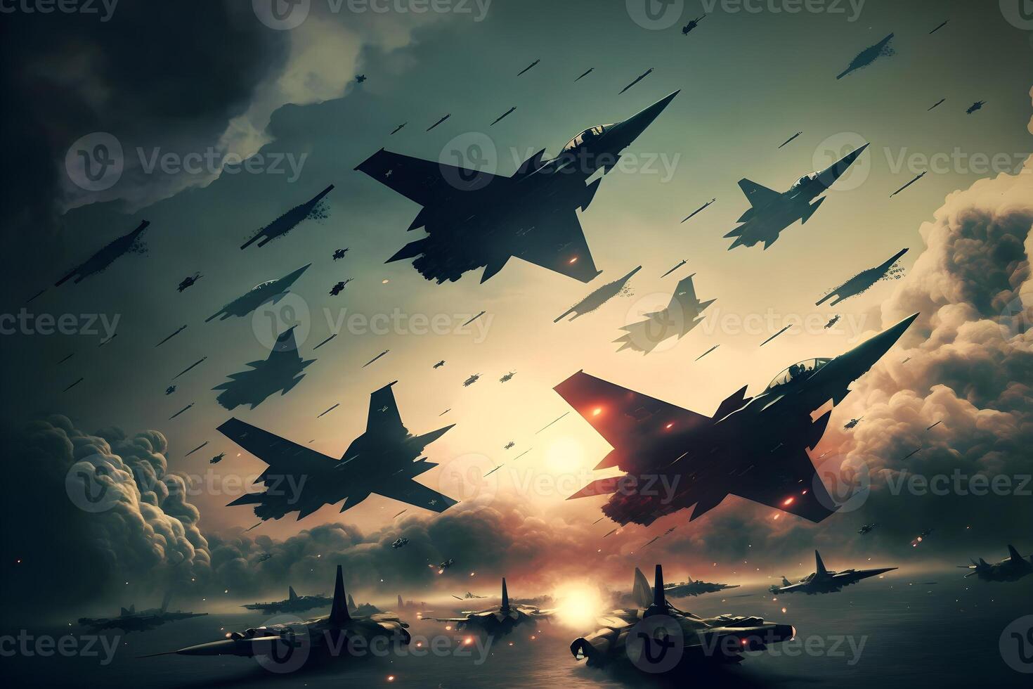 Formation of destroyer jets float in sky during aviation battle. Neural network generated art photo