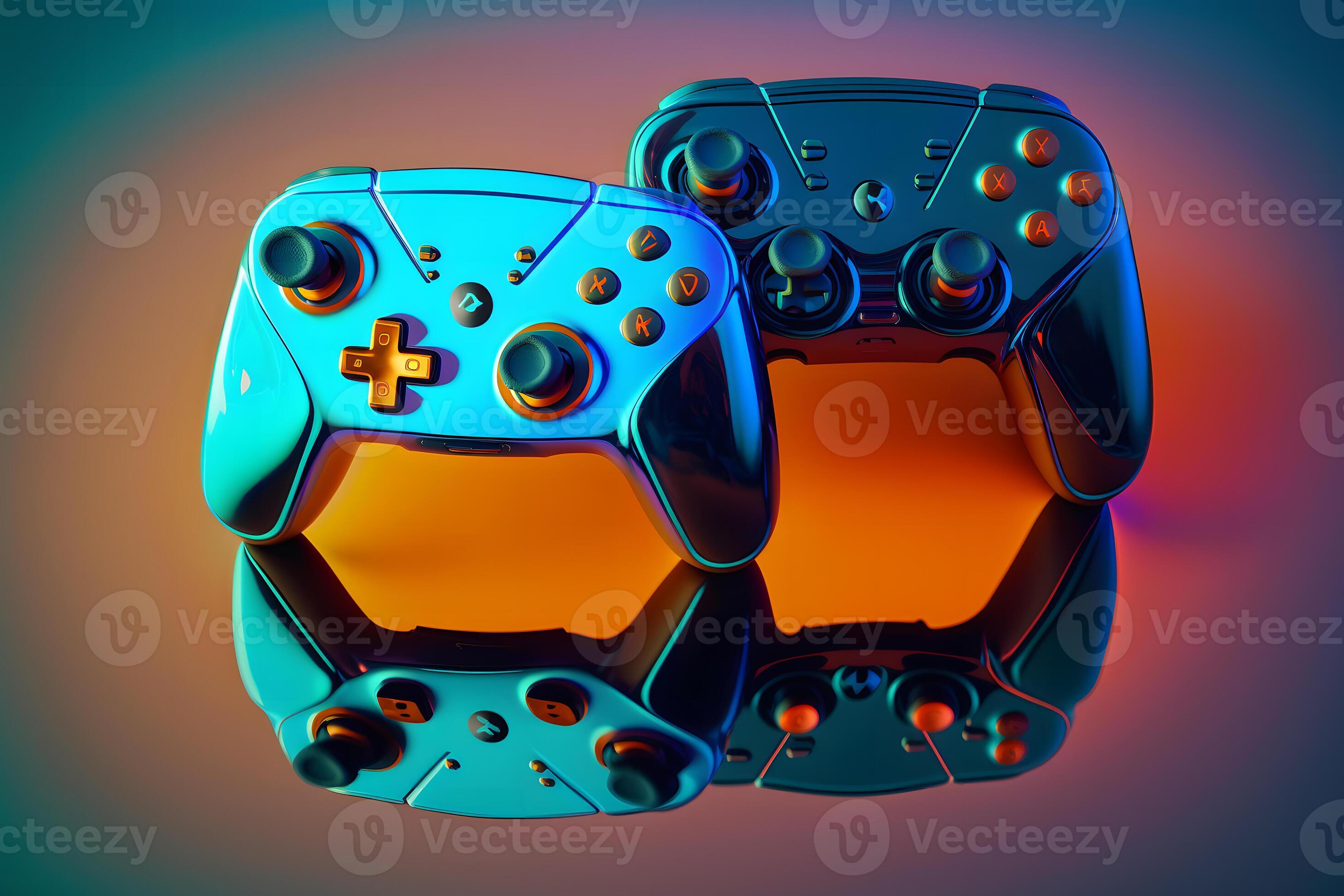 Two console gaming controllers with many buttons and glossy shiny body surface. Neural network
