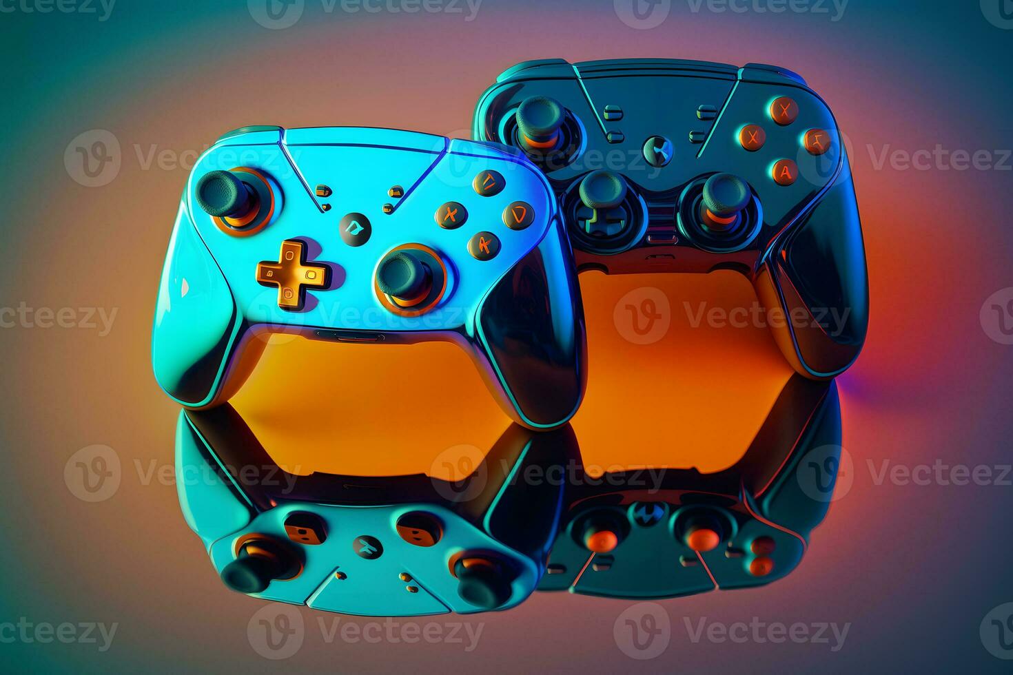 Two console gaming controllers with many buttons and glossy shiny body surface. Neural network generated art photo