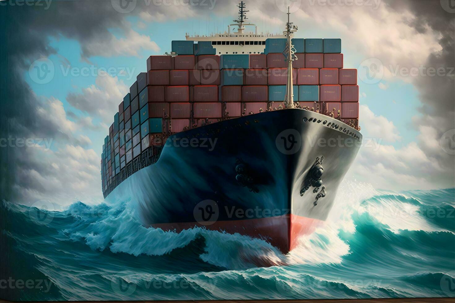 Front view from bow of a large blue shipping container ship in the ocean. Neural network generated art photo