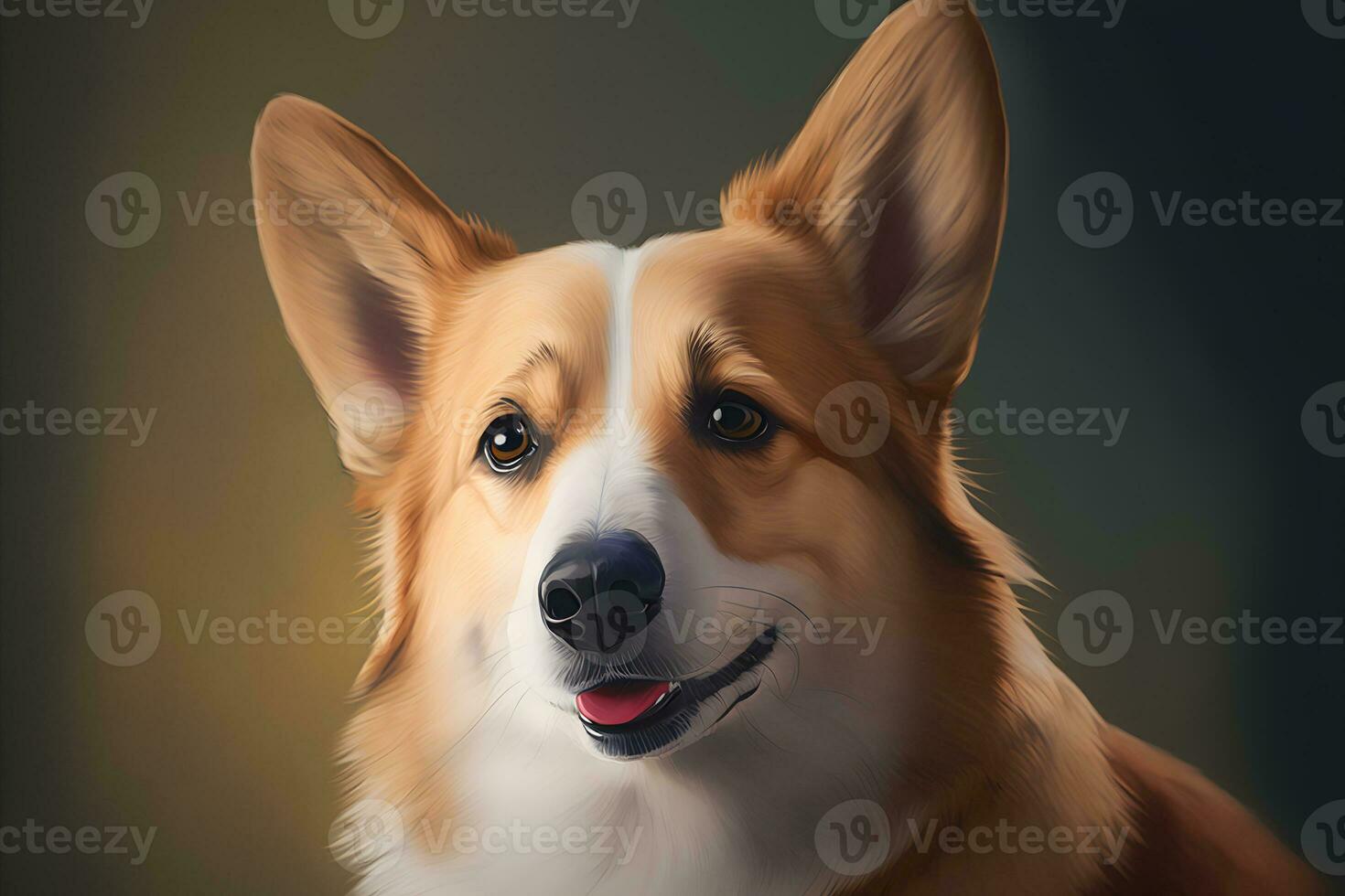 Portrait of puppy welsh corgi dog sitting in front of a dark background. Neural network generated art photo