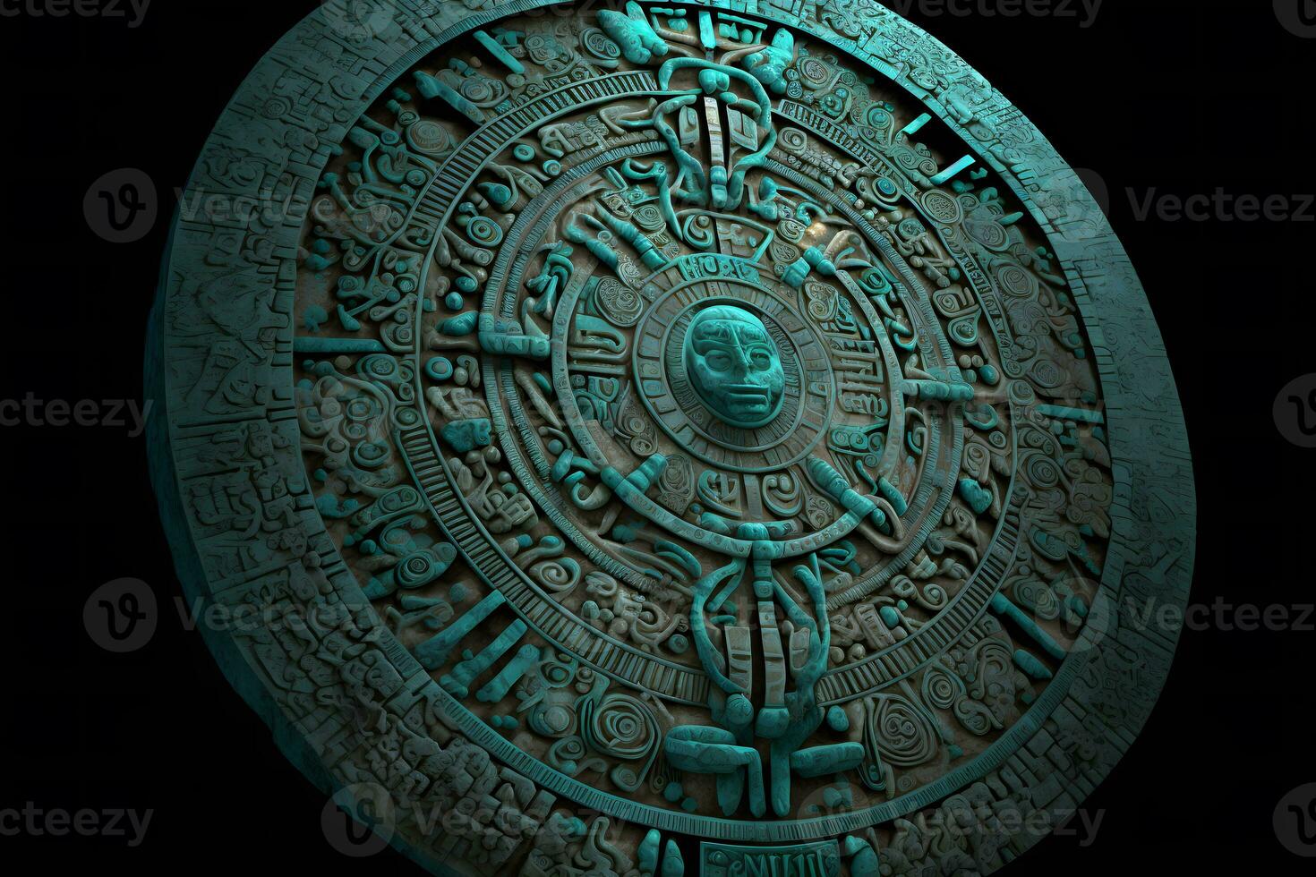 Close view of the ancient Aztec mayan calendar with round pattern and relief on stone surface. Neural network generated art photo