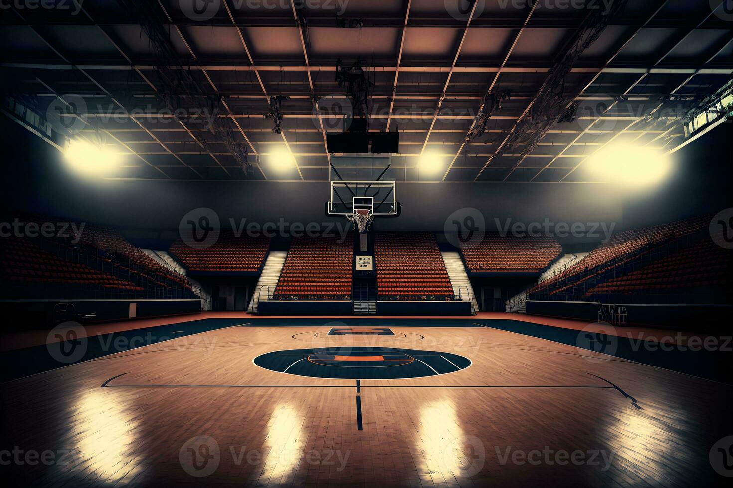 Interior view of an illuminated basketball stadium for a game. Neural network generated art photo