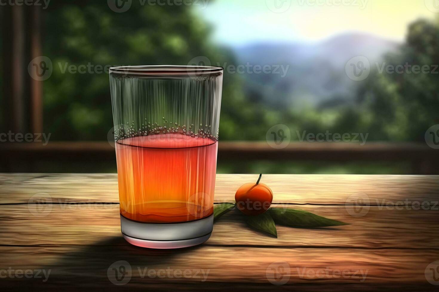 Glass of abstract fruit juice with fresh fruits on wooden table with summer field background. Neural network generated art photo