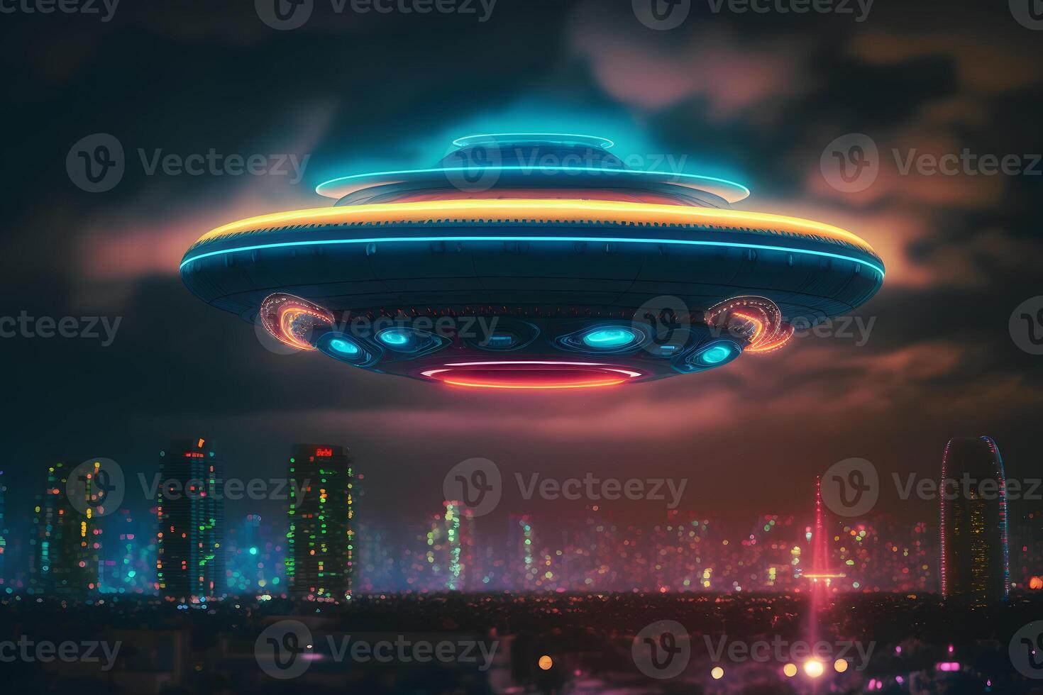 UFO object with glowing lights flying to city center on a rainy day. Neural network generated art photo