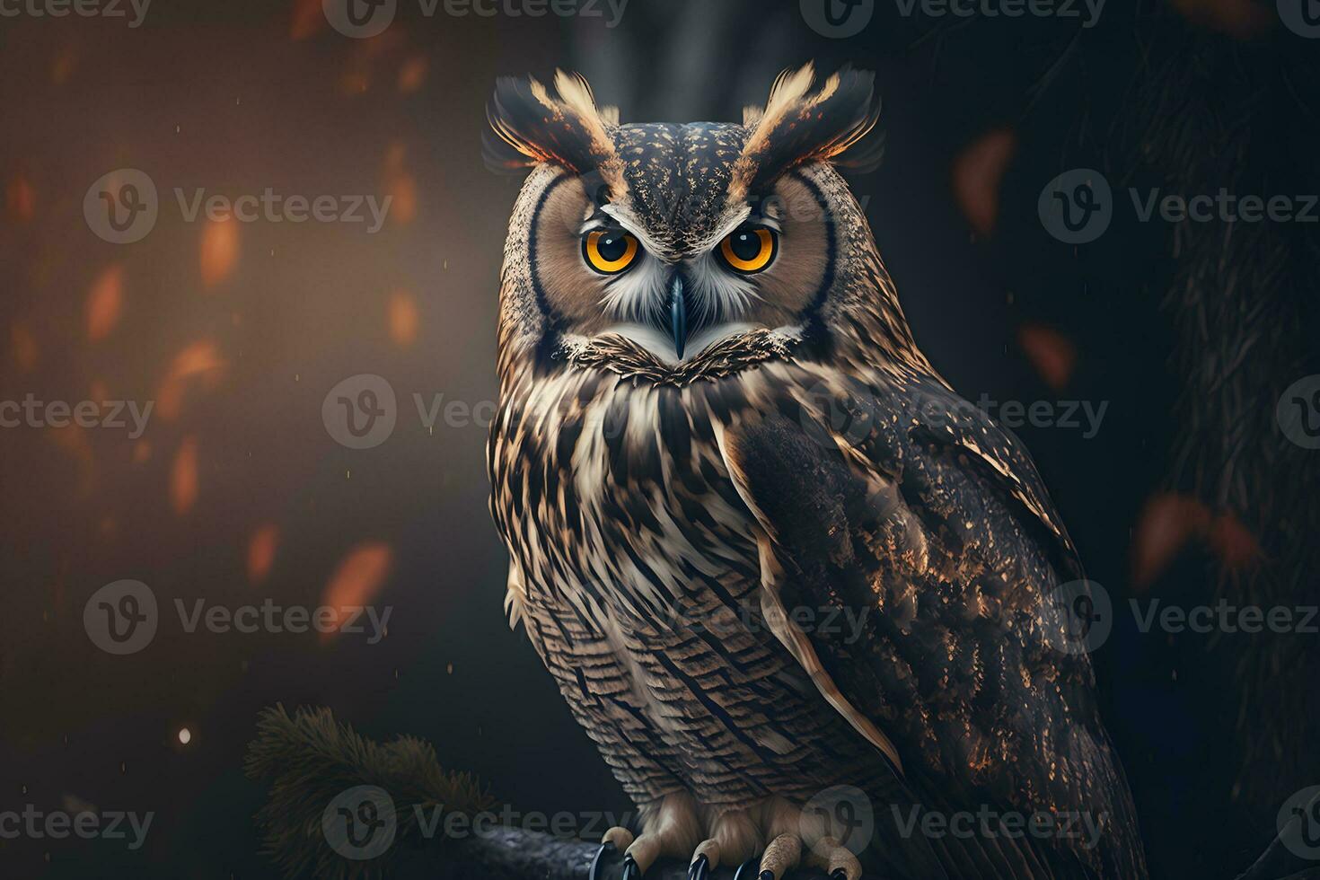 European eagle owl perched on a post and staring forward against a dark background the eyes are penetrating the viewer. Neural network generated art photo
