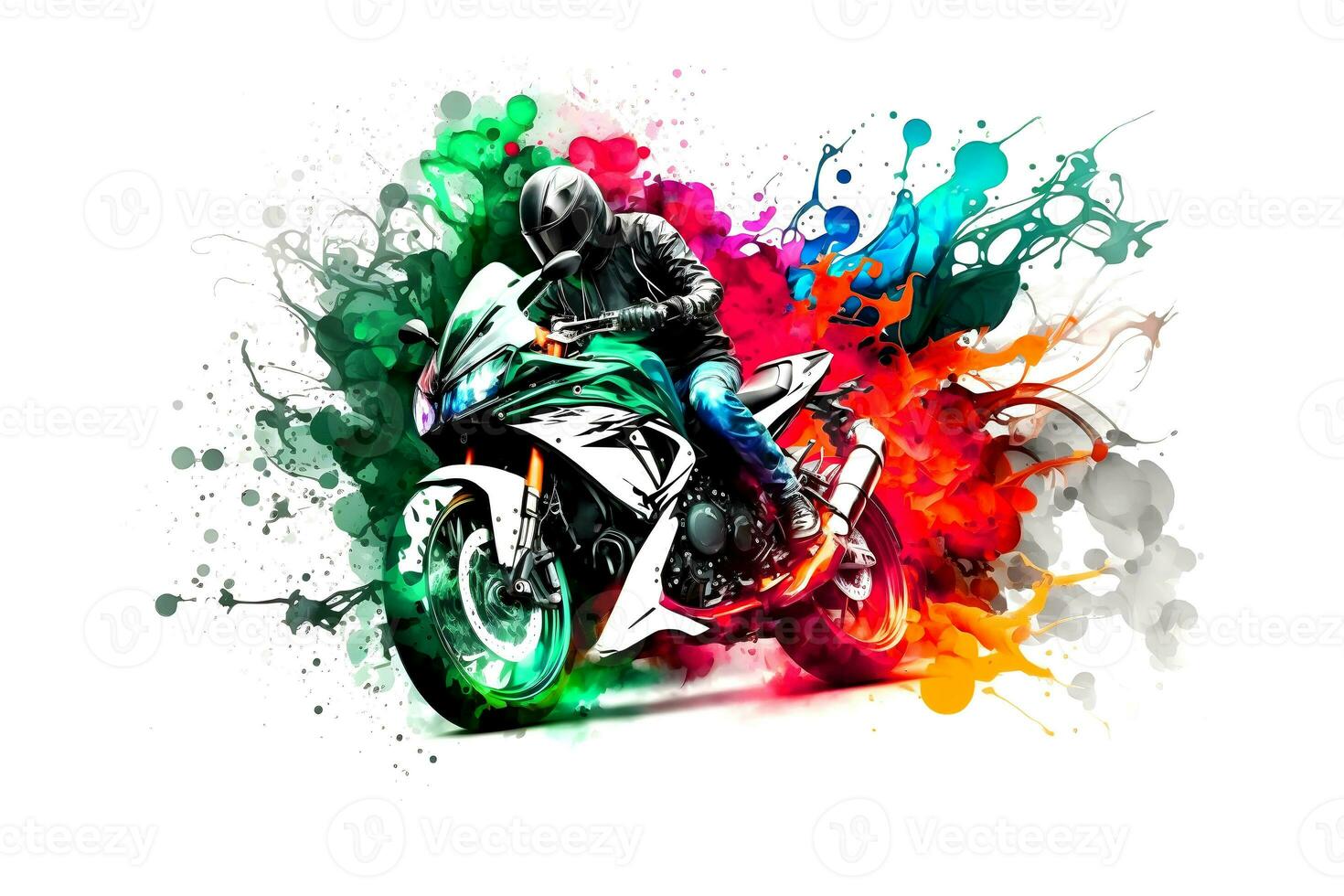 pegatina de motorista en deporte motocicleta en acuarela estilo en blanco antecedentes. neural red generado Arte foto