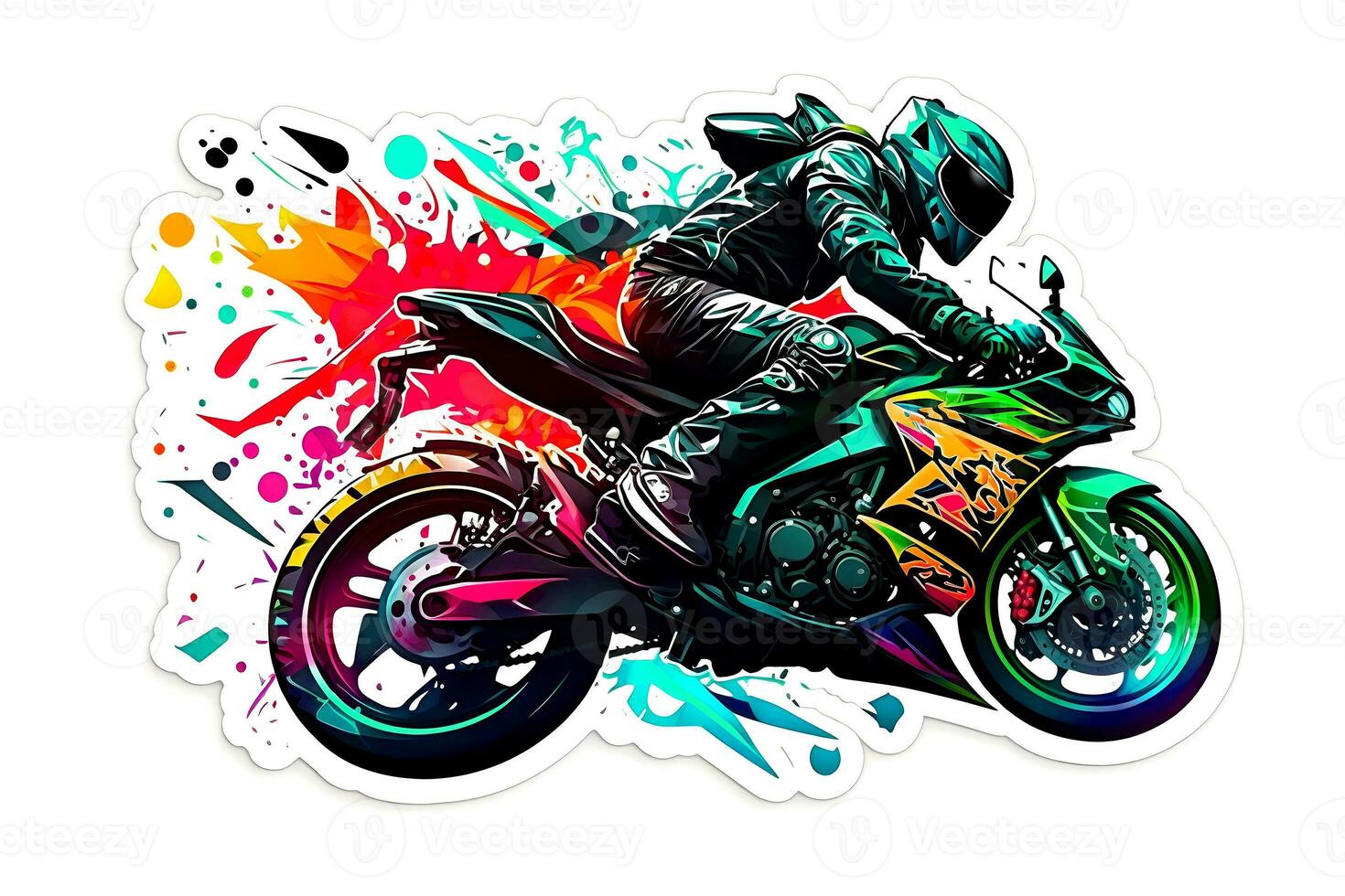 Sticker of Biker on sport motorcycle in watercolor style on white background. Neural network generated art photo