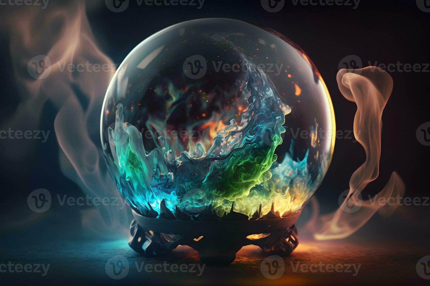 Magic cristal ball with mystery smoke effects of various colors. Neural network generated art photo