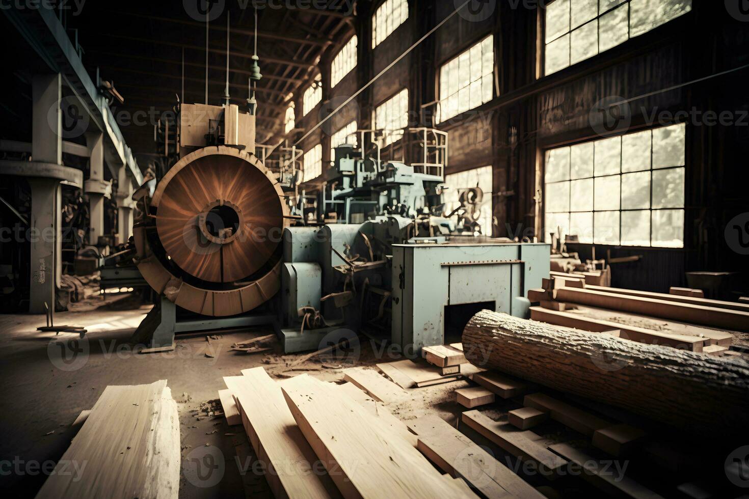 carpintería aserradero producción y Procesando de de madera tableros en un moderno industrial fábrica montaje línea en producción. neural red generado Arte foto