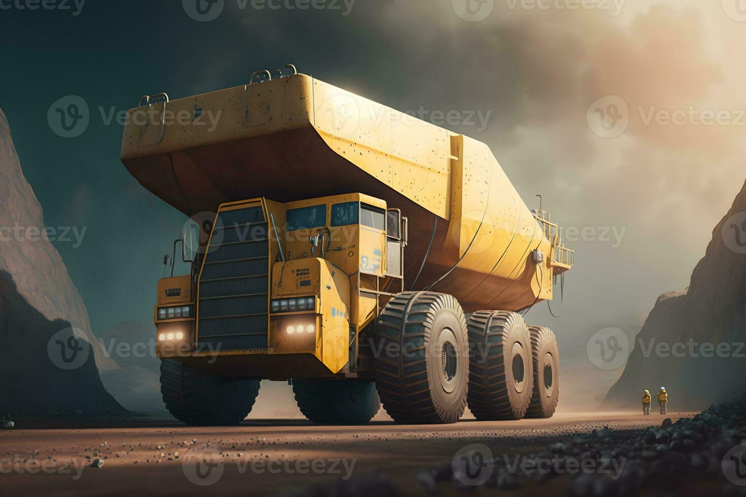 Open pit mine, extractive industry for coal. Big yellow mining truck machinery for coal quarry. Neural network generated art photo