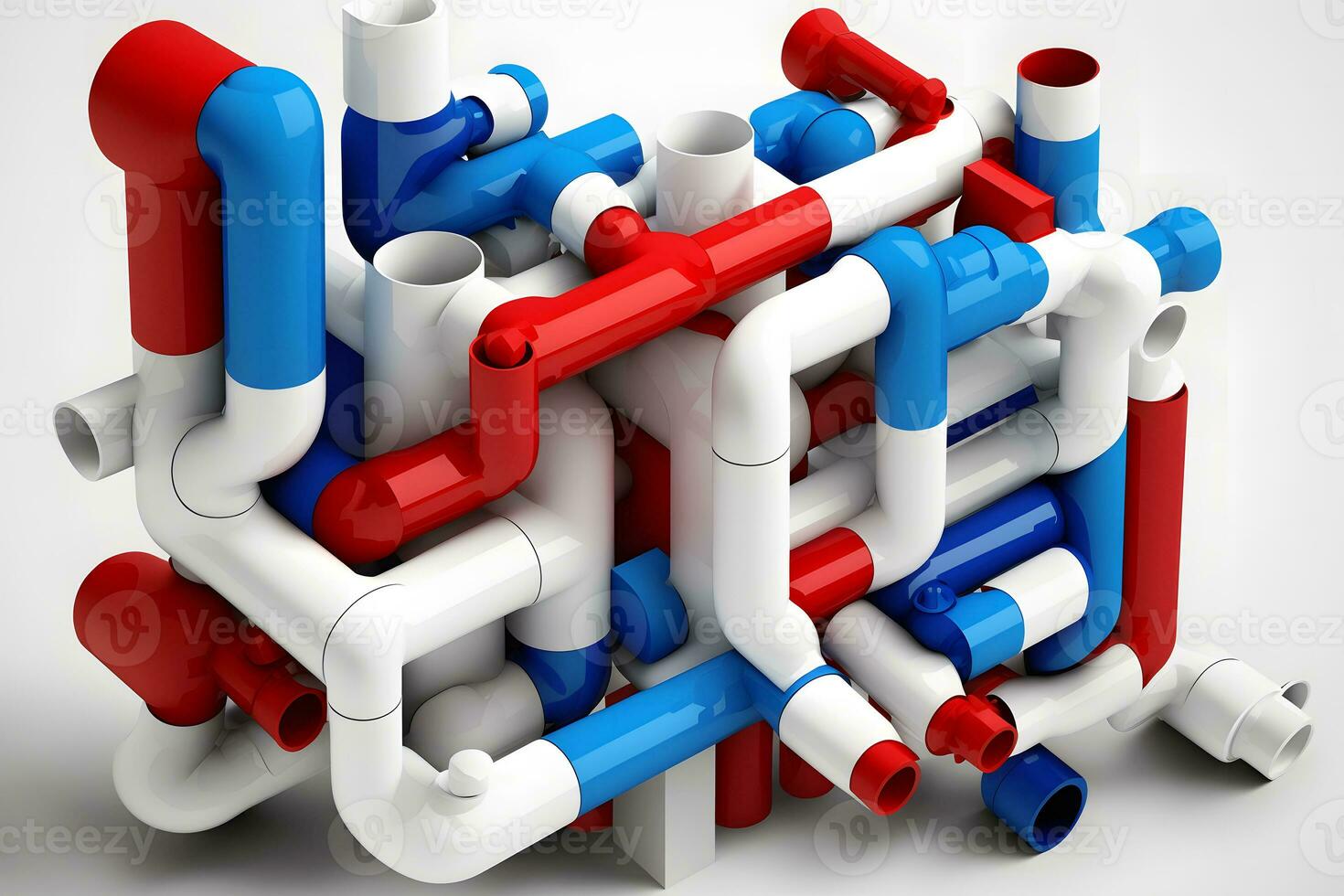 Abstract blue red and white pipes system on white background. Neural network generated art photo