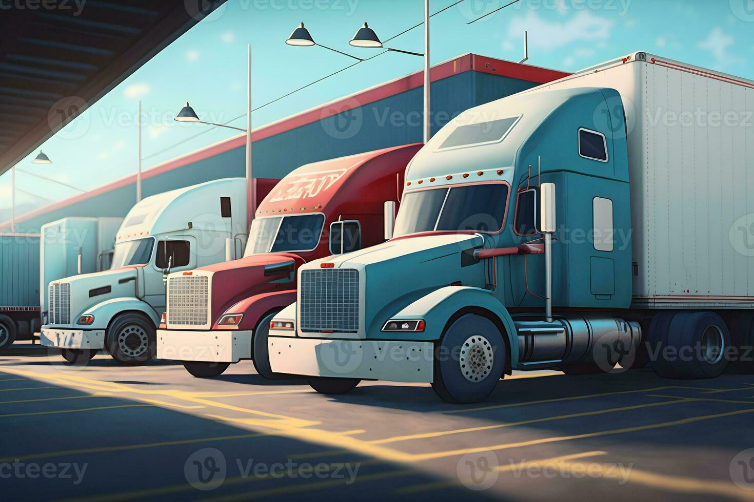 Semi Trailer Trucks on Parking lot. Delivery Trucks for Cargo Shipping. Lorry Industry Freight Truck Logistics Transport. Neural network generated art photo