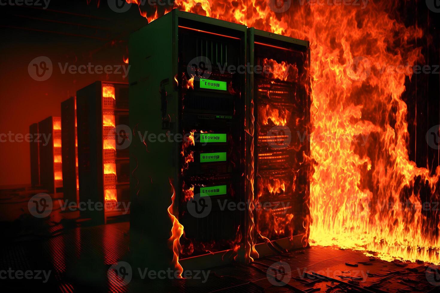 Disaster in server room or data center storage room on fire burning. Neural network generated art photo