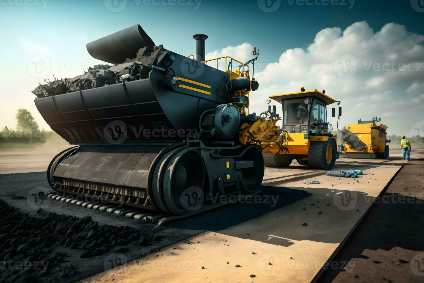 Worker operating asphalt paver machine finisher during road construction and repairing works. Neural network generated art photo