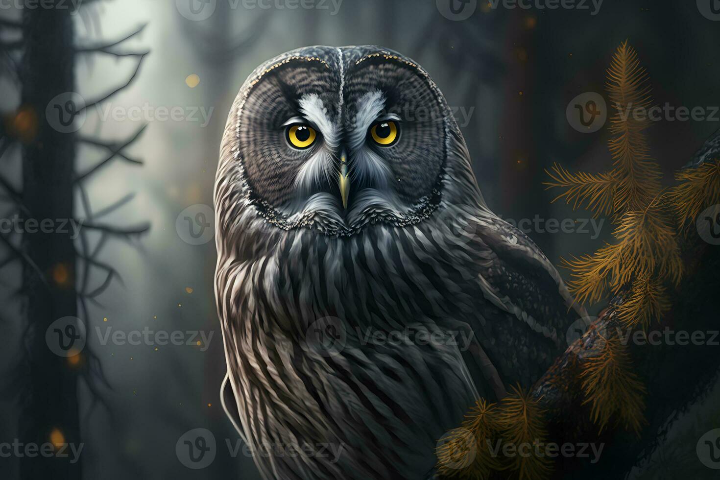 European eagle owl perched on a post and staring forward against a dark background the eyes are penetrating the viewer. Neural network generated art photo